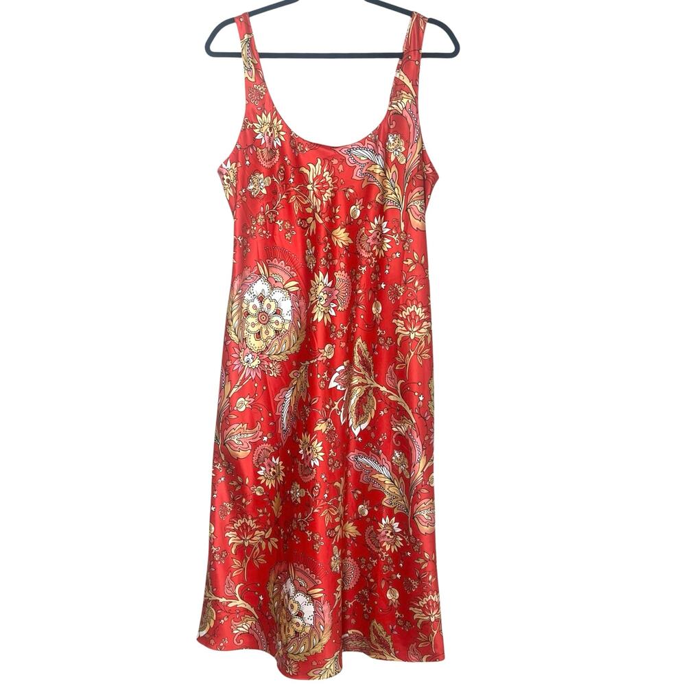 N Natori Red Floral Long Satin Slip Nightgown Size Medium